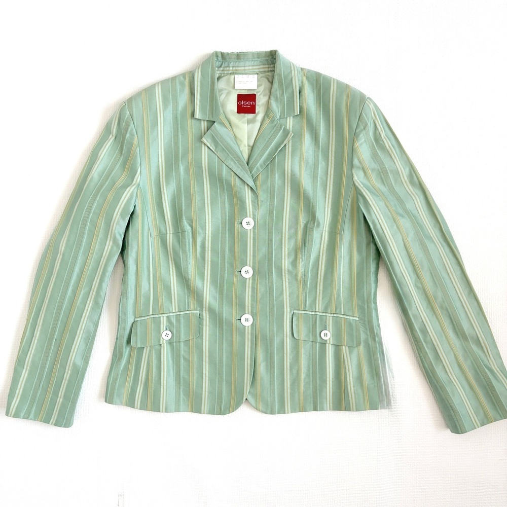Olsen Europe Blazer Striped Cotton Blend Jacket Size 12 Green